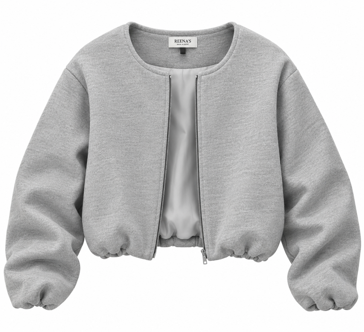 Grey Cropped Jacket with Hidden Gathered Details