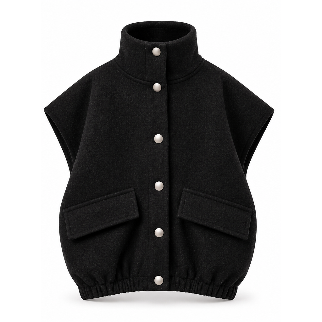 Reena's black textured snap-front vest with high collar