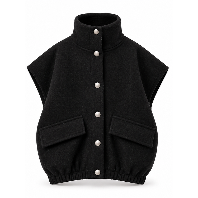 Reena's black textured snap-front vest with high collar