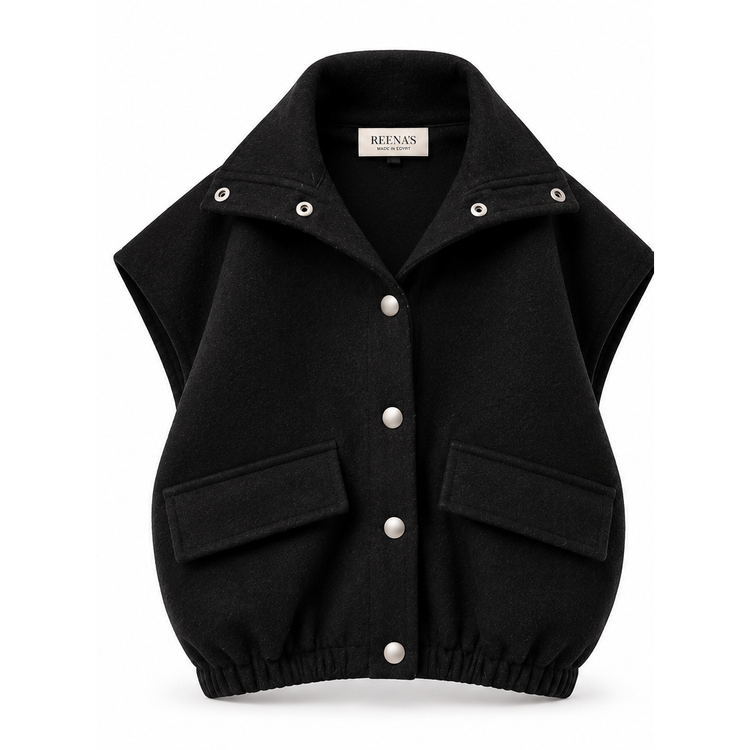 Reena's black textured snap-front vest with open collar